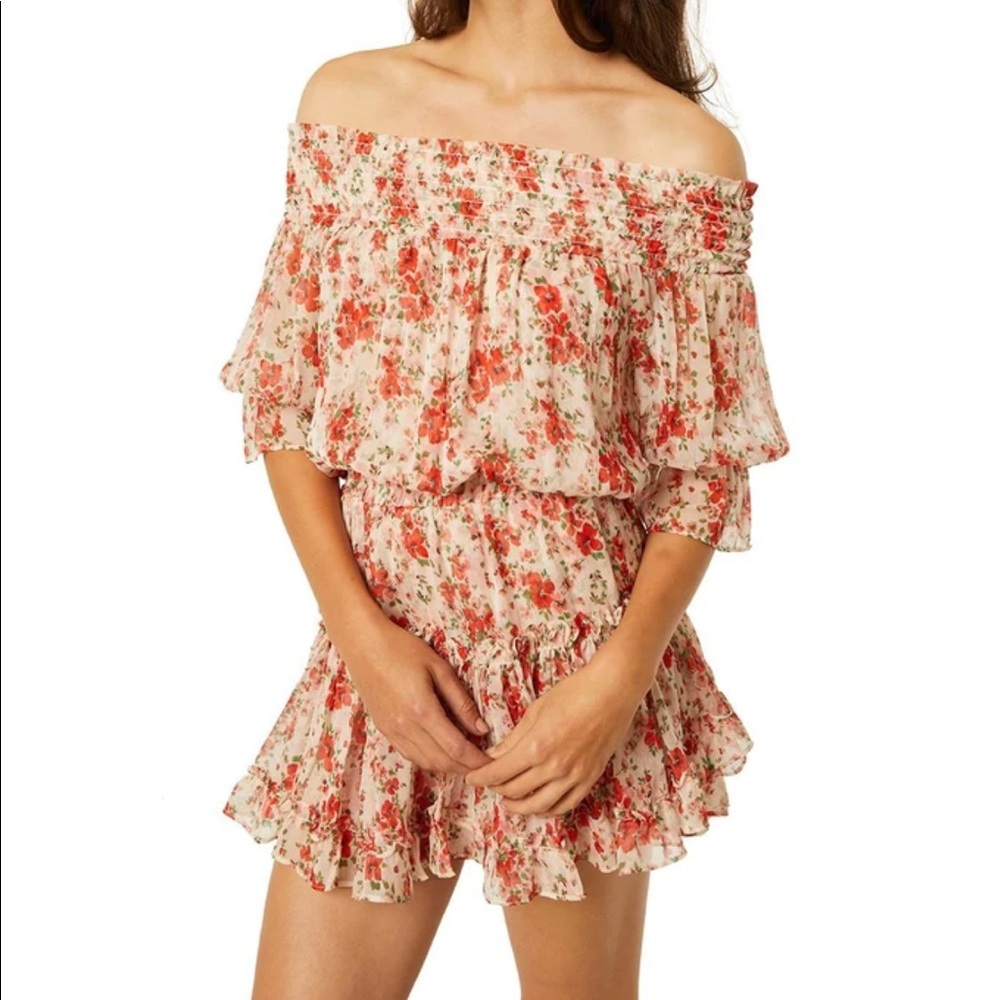 MISA Darla Dress Red Floral Ruffle Mini Off Shoulder | US Small